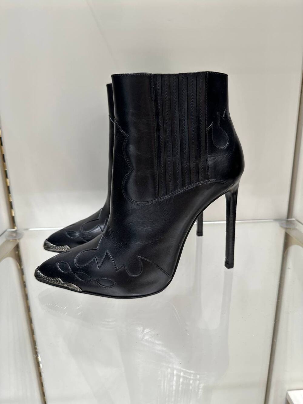 Saint Laurent Black Leather Peep-Toe Western Ankle Boots Sz.37